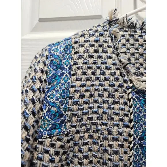 CHICO'S Beige Blue Black Check Tweed Full Zip Fringe Jacket Blazer Size 2 12 - Picture 4 of 10